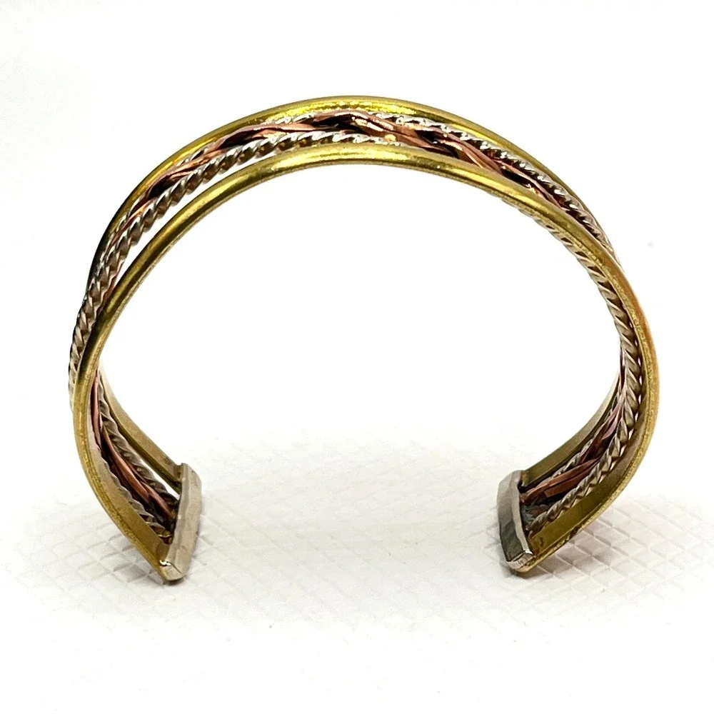 Vintage Copper Tri-Tone Braided Rope Cuff Bracelet w/ Gold and Silver Tone